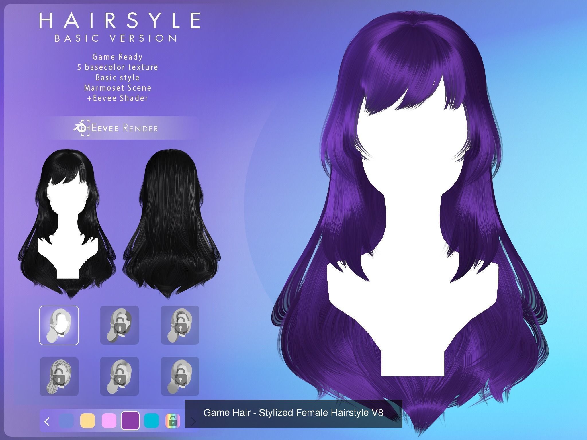Game Hair - 10 stylized female hairstyles  3D Model Collection_10
