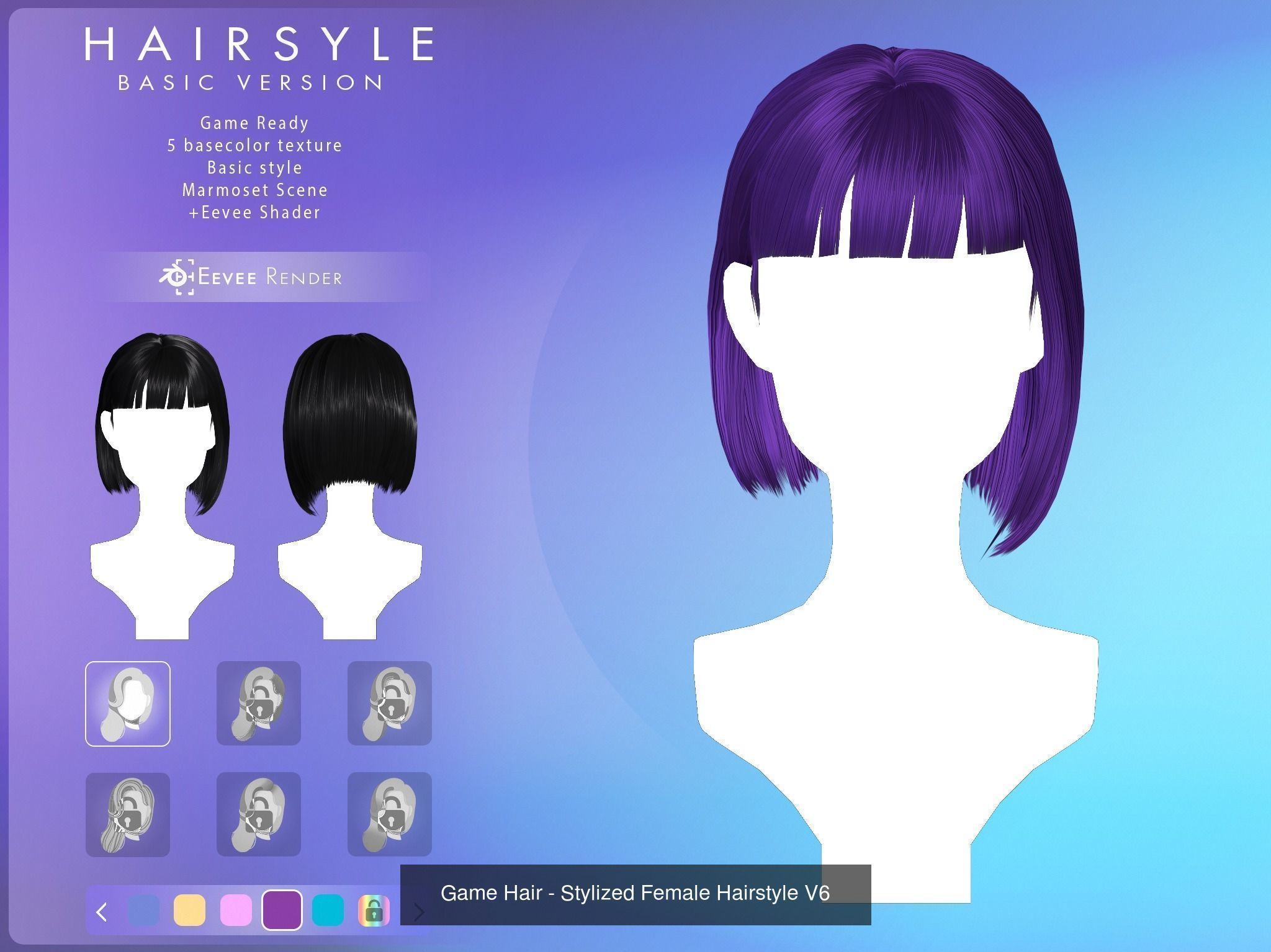 Game Hair - 10 stylized female hairstyles  3D Model Collection_8