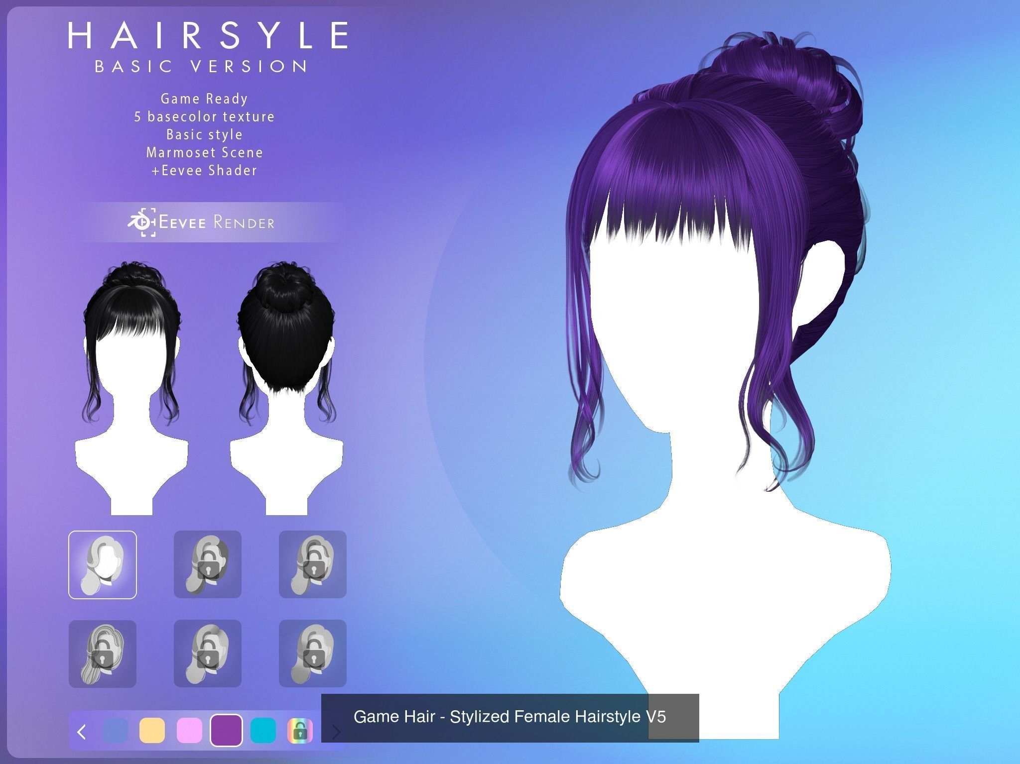 Game Hair - 10 stylized female hairstyles  3D Model Collection_7