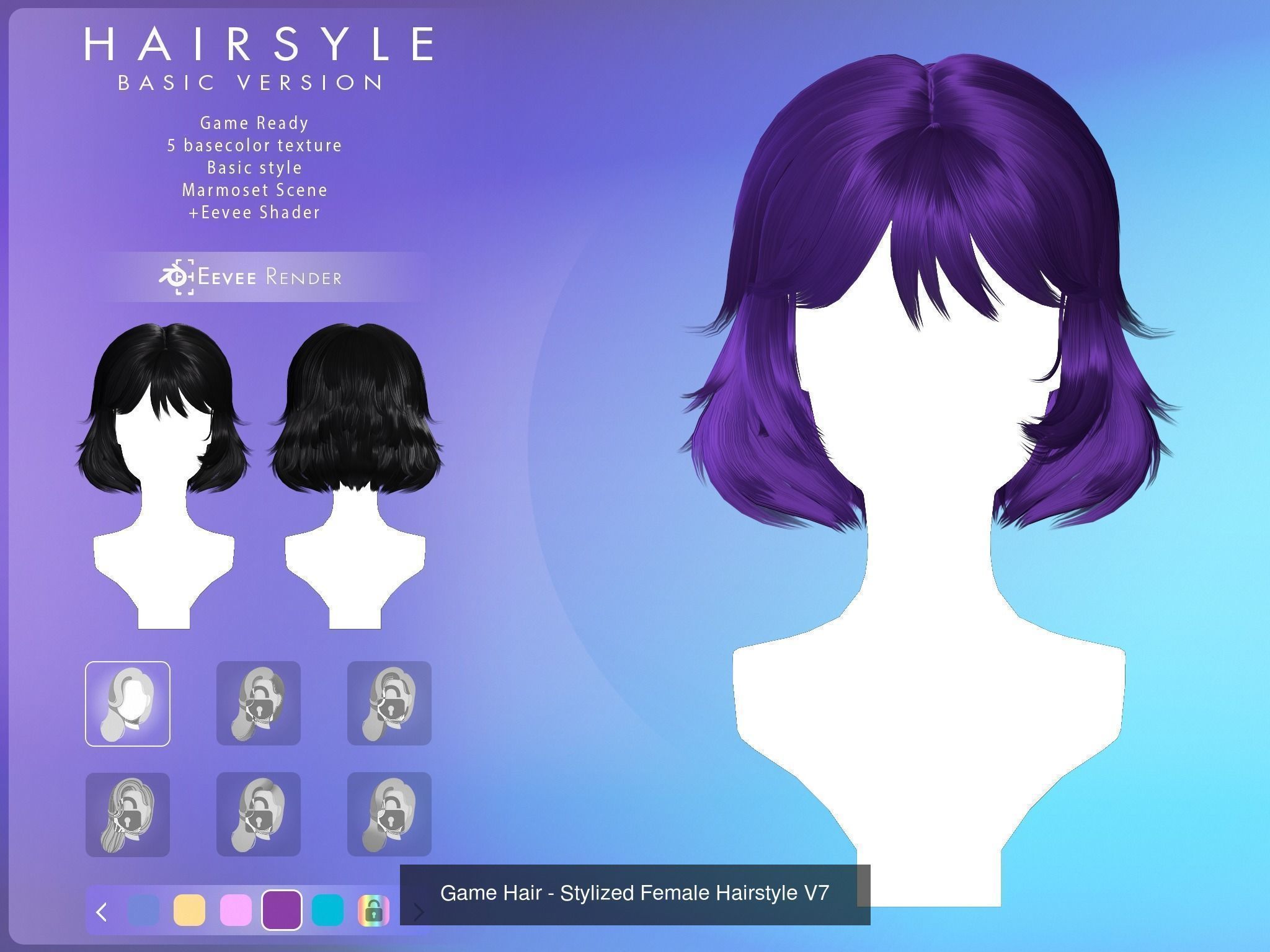 Game Hair - 10 stylized female hairstyles  3D Model Collection_9