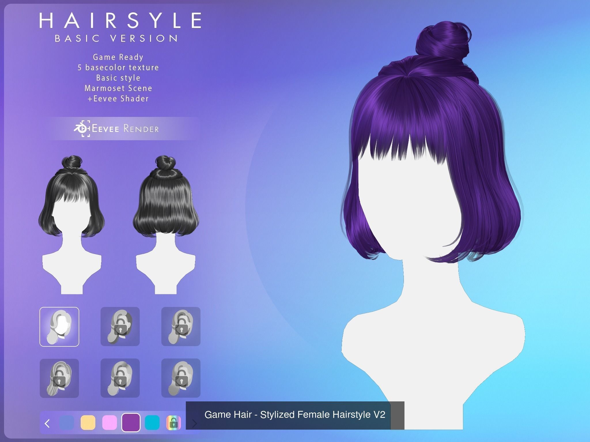 Game Hair - 10 stylized female hairstyles  3D Model Collection_4