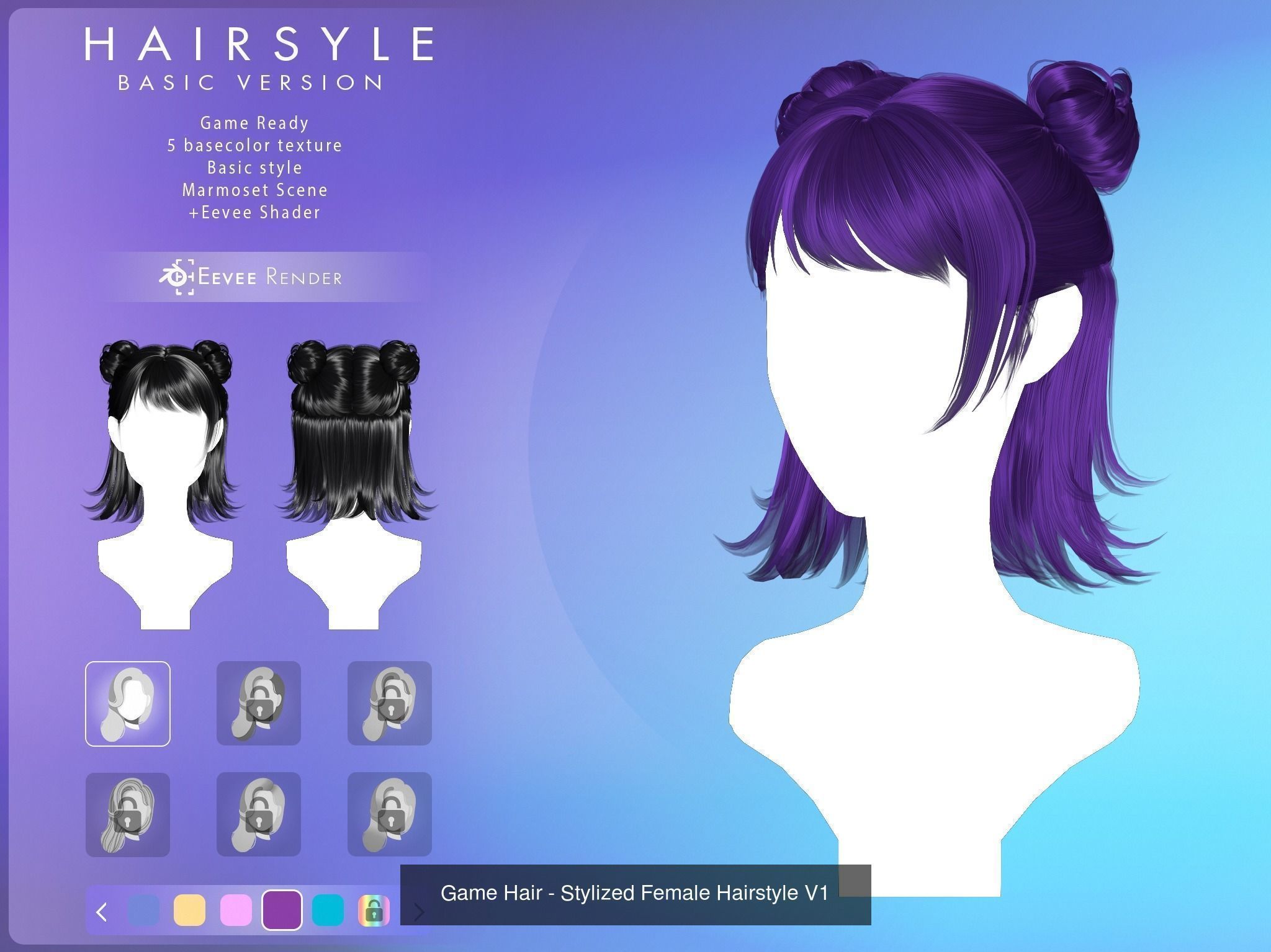 Game Hair - 10 stylized female hairstyles  3D Model Collection_3