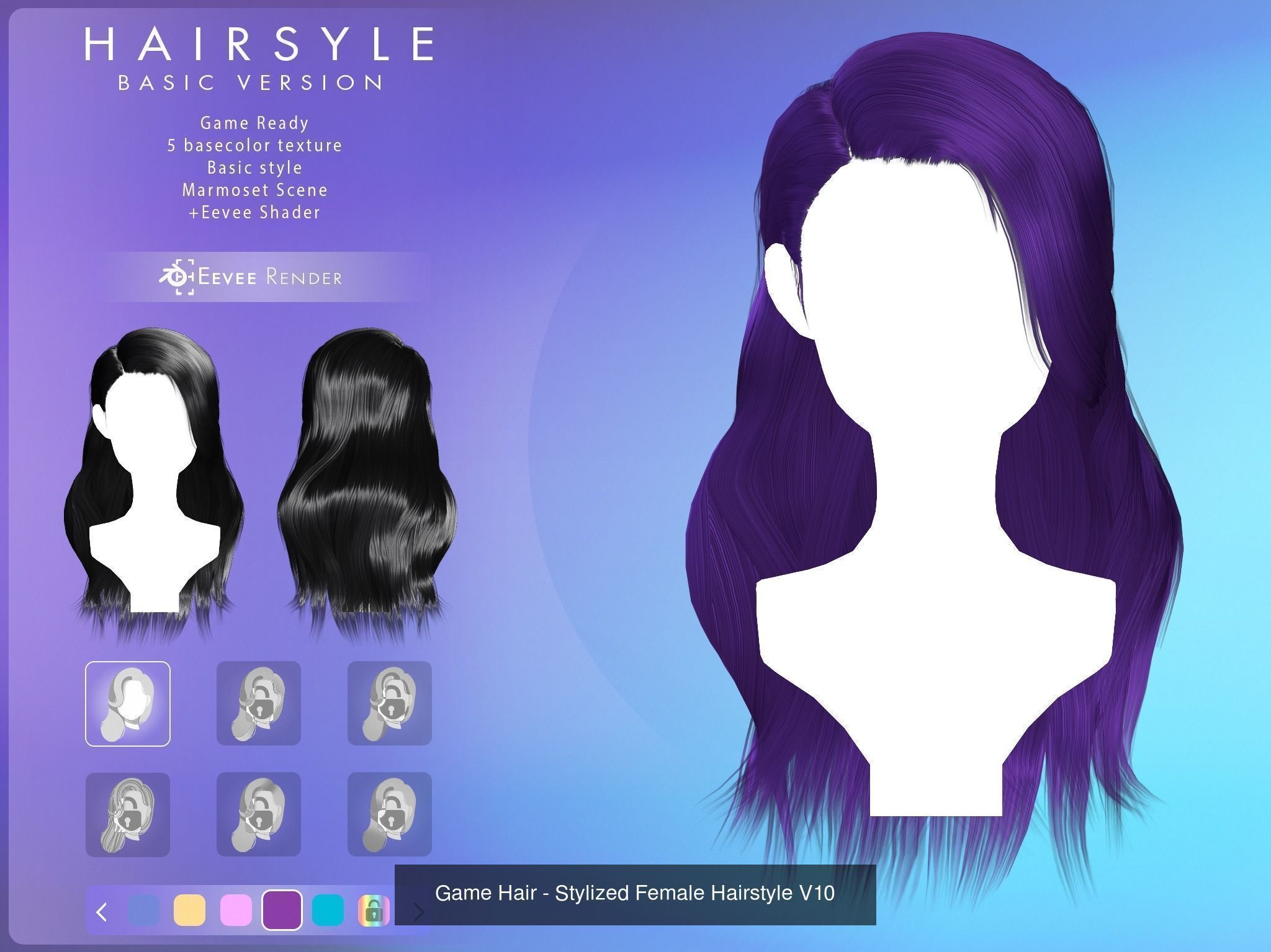 Game Hair - 10 stylized female hairstyles  3D Model Collection_12