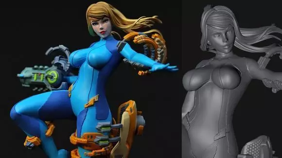 samus statue of woman holding gun 3D print model