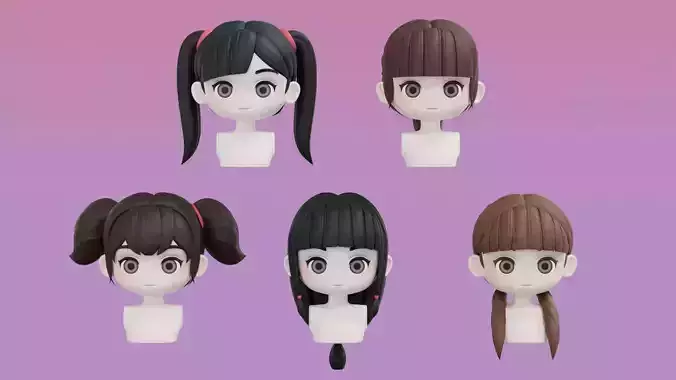Chibi Female Hair Style Set 1 3D Model Collection