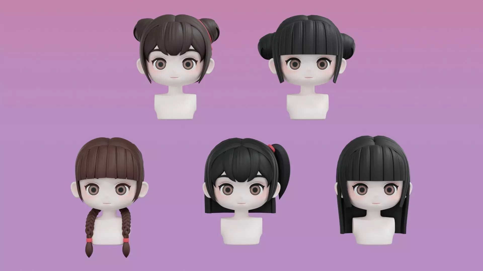 Chibi Female Hair Style Set 2 3D Model Collection_0