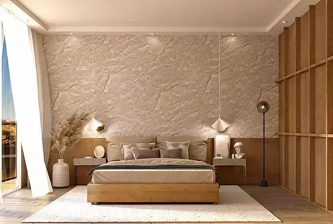 modern-vintage lakeview bedroom interior scene 3d model