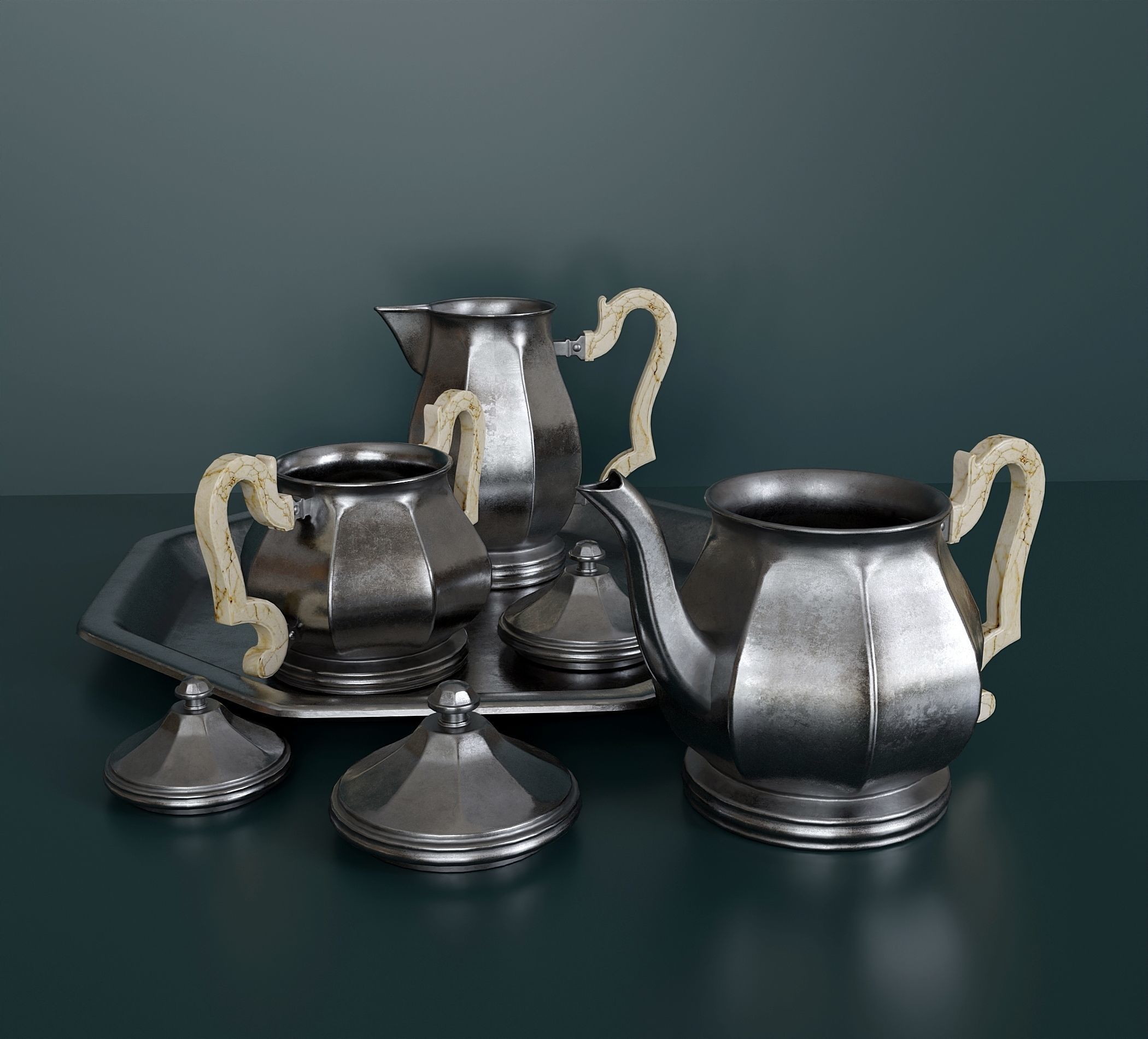 Antique silver tea set 3D model_2