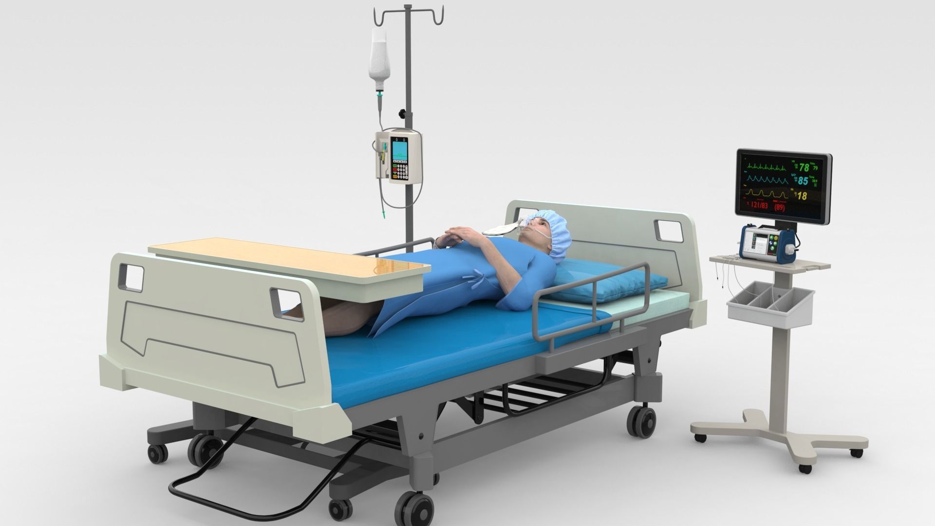 Patient in Bed - Blue gown 3D model_2