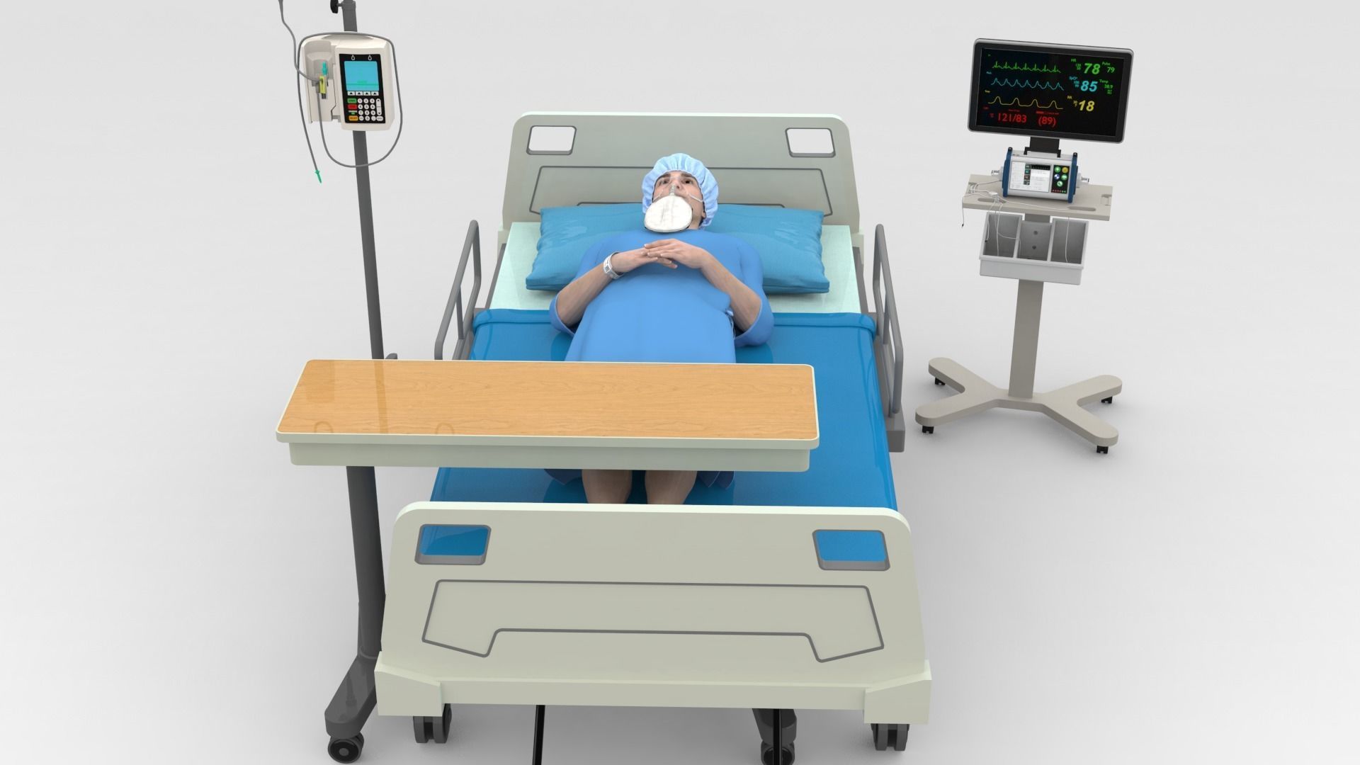 Patient in Bed - Blue gown 3D model_3
