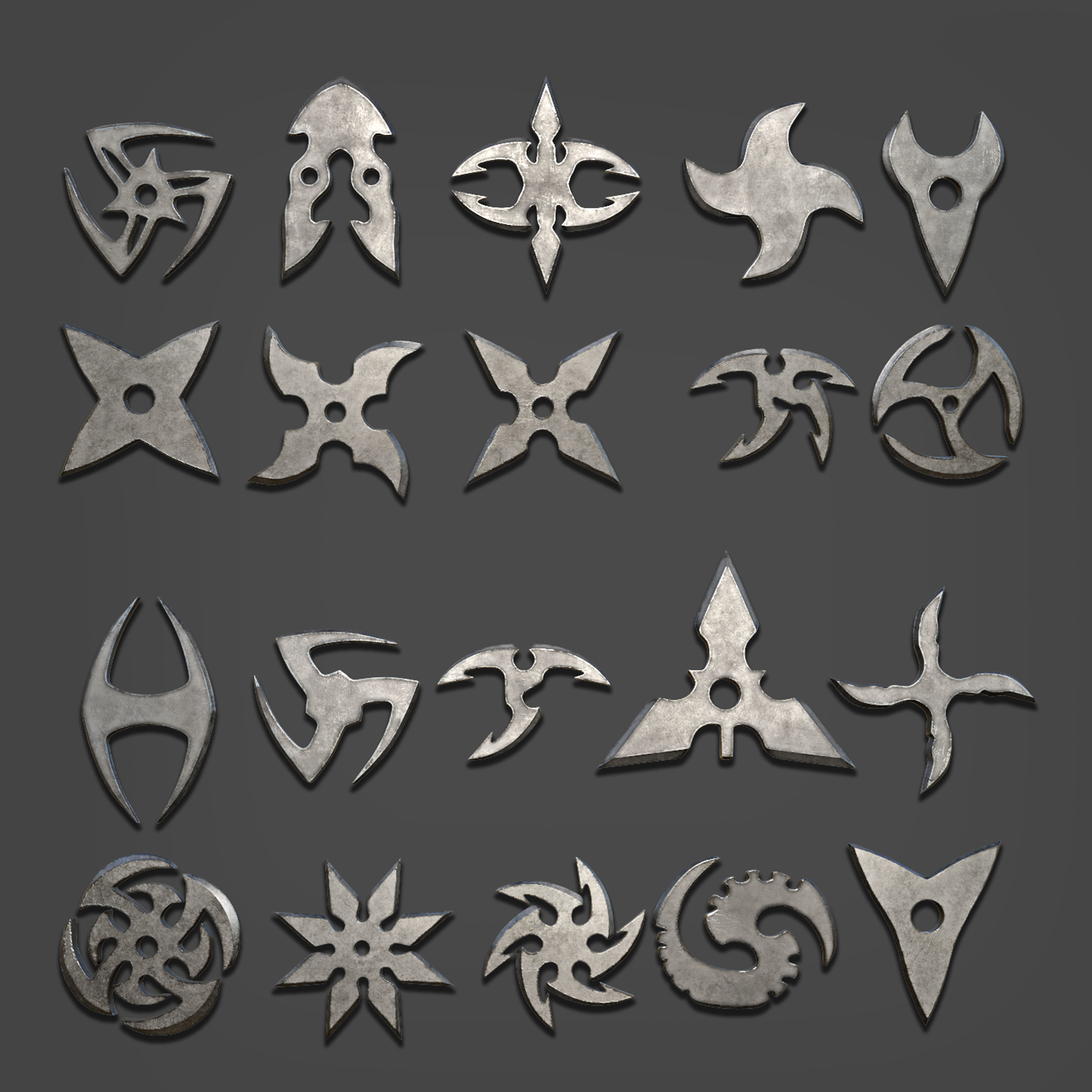 100 Shuriken Models Lowpoly and Highpoly with UV and IMM Brush Low-poly 3D model_5