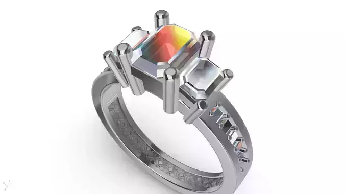 BAGUETTE SHANK EMERAL CUT 3 STONE RING STL VERIFIED