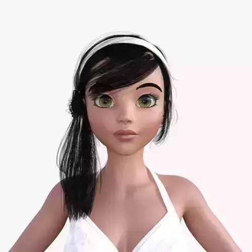 Cartoon Brunette Girl in White Dress