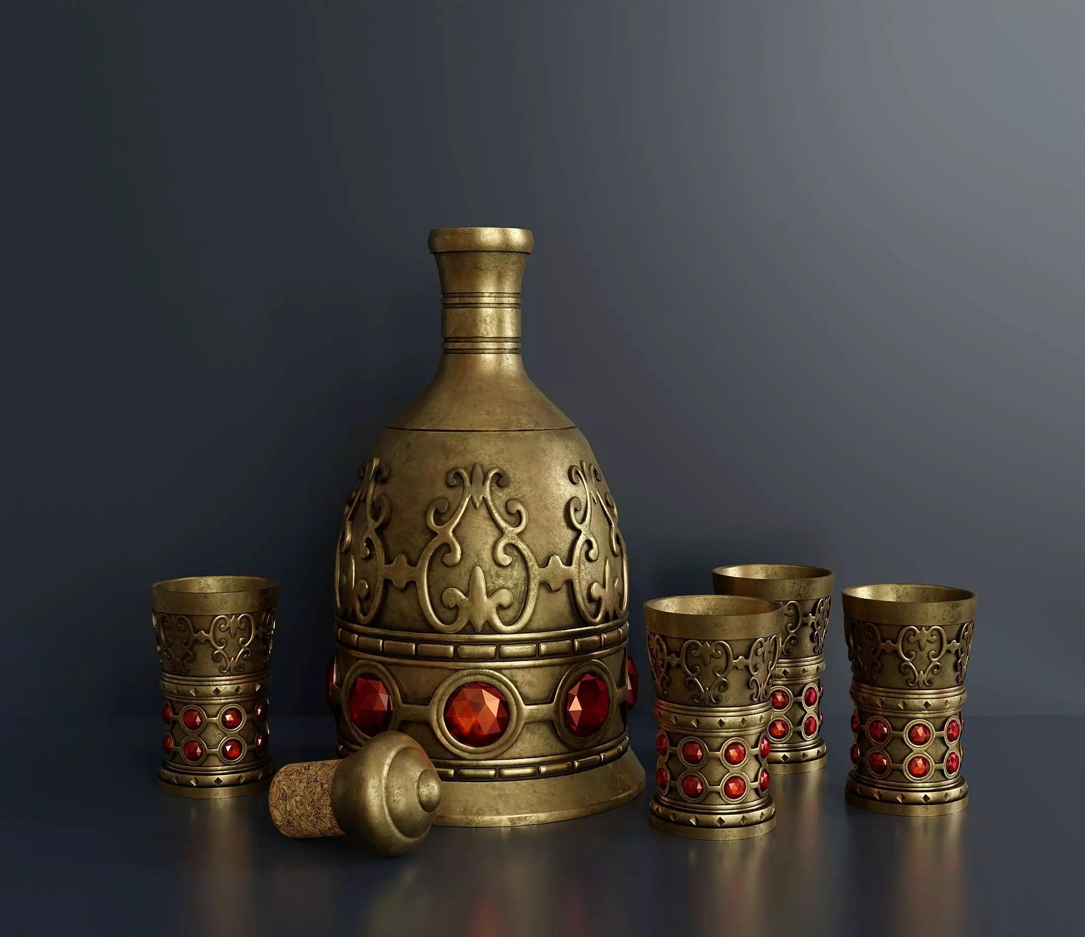 Vintage brass liquor set 3D model_0