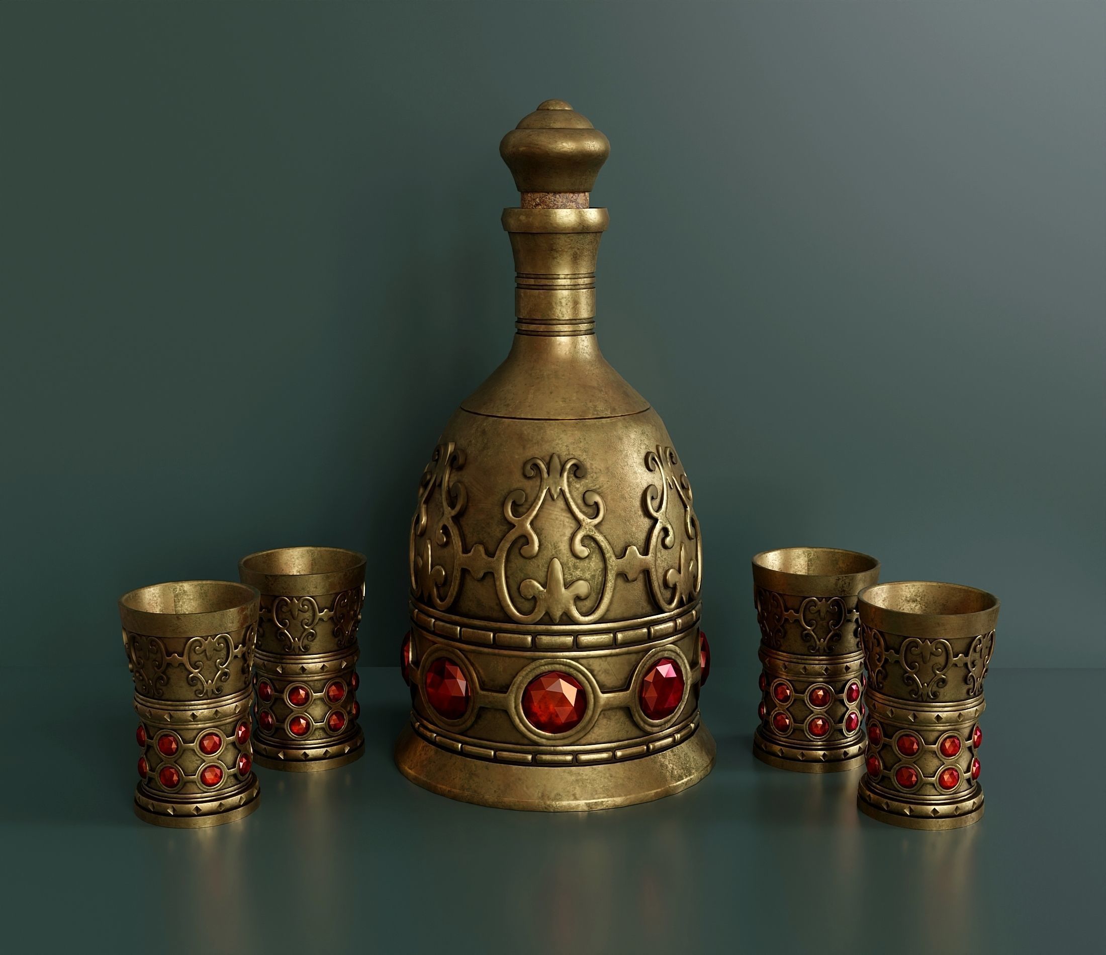 Vintage brass liquor set 3D model_1
