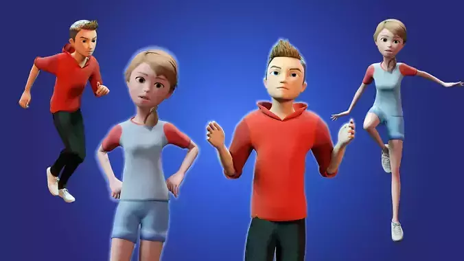 Emma and lucas Cartoon character with control Rig Low-poly 