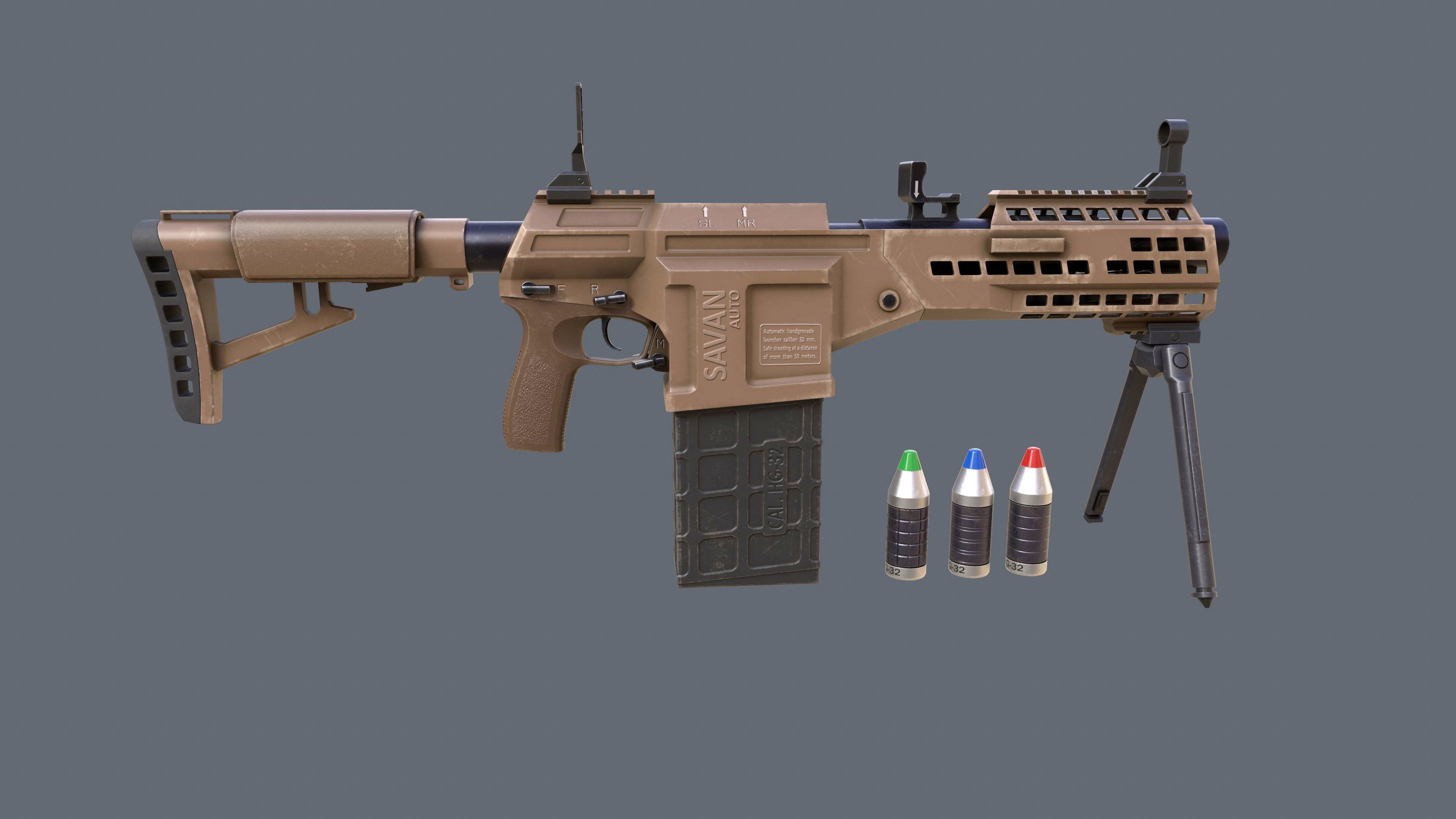 Manual Automatic Grenade Launcher Savan Caliber 32mm Low-poly 3D model_6