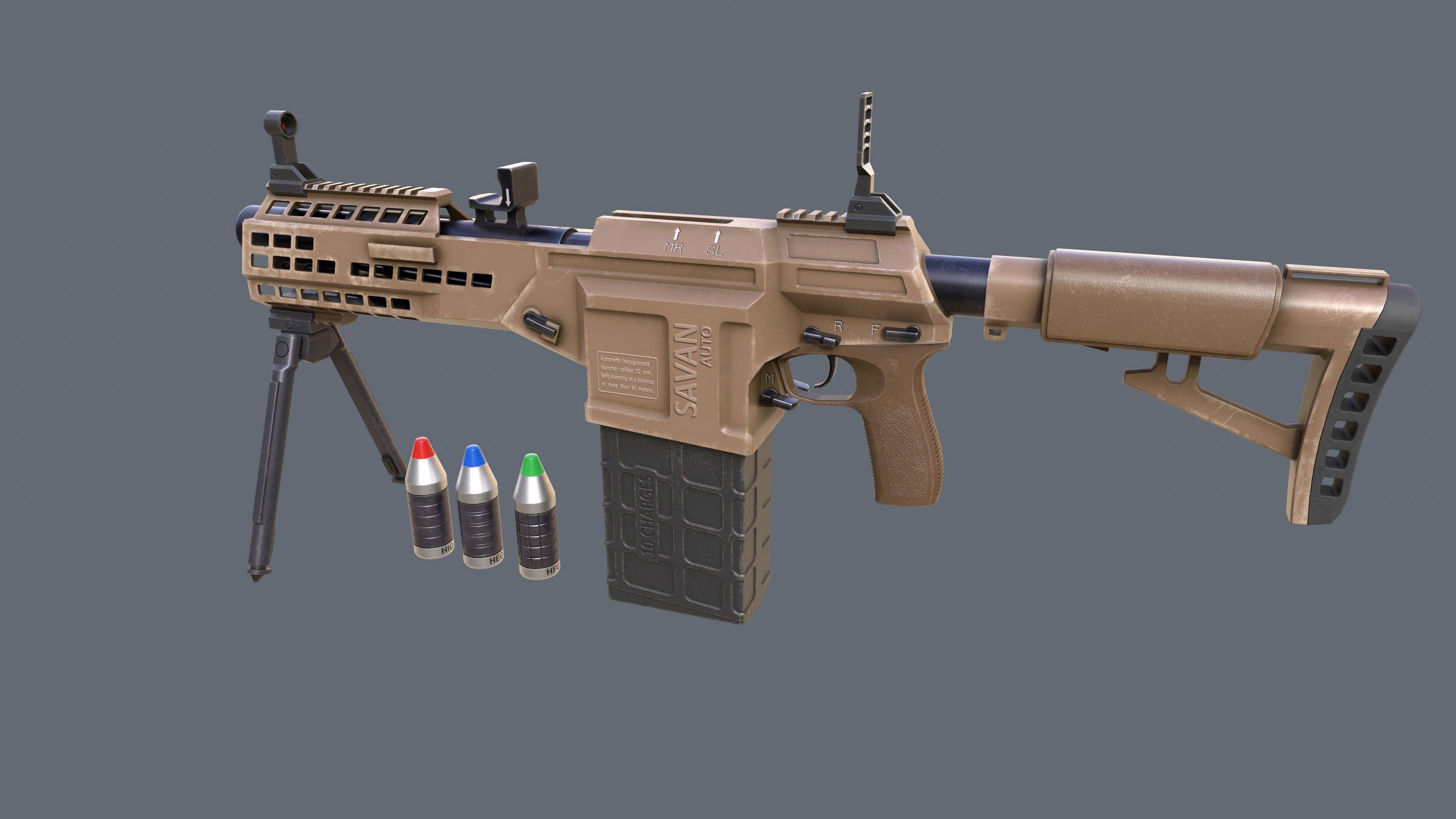 Manual Automatic Grenade Launcher Savan Caliber 32mm Low-poly 3D model_4