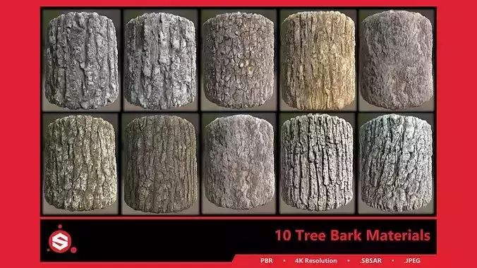 10 Tree Bark Material sbsar file and 4k PBR Textures