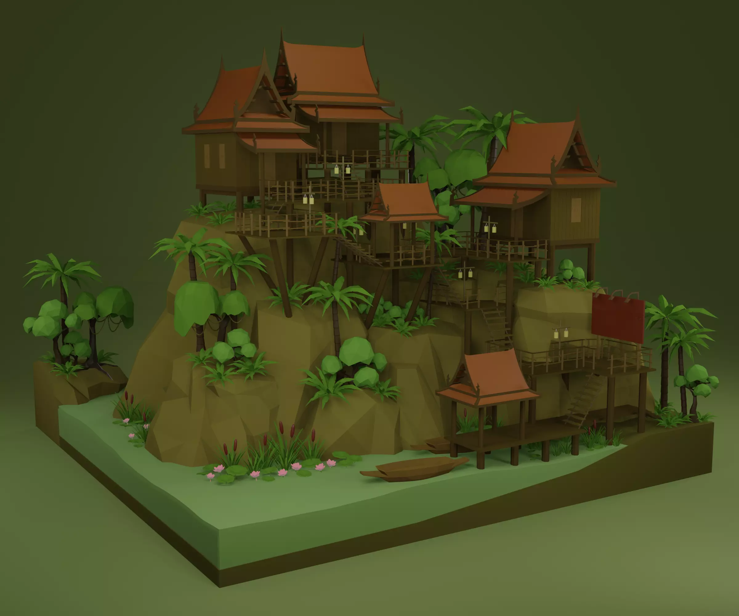 Thai houses and wooden corridors Free low-poly 3D model