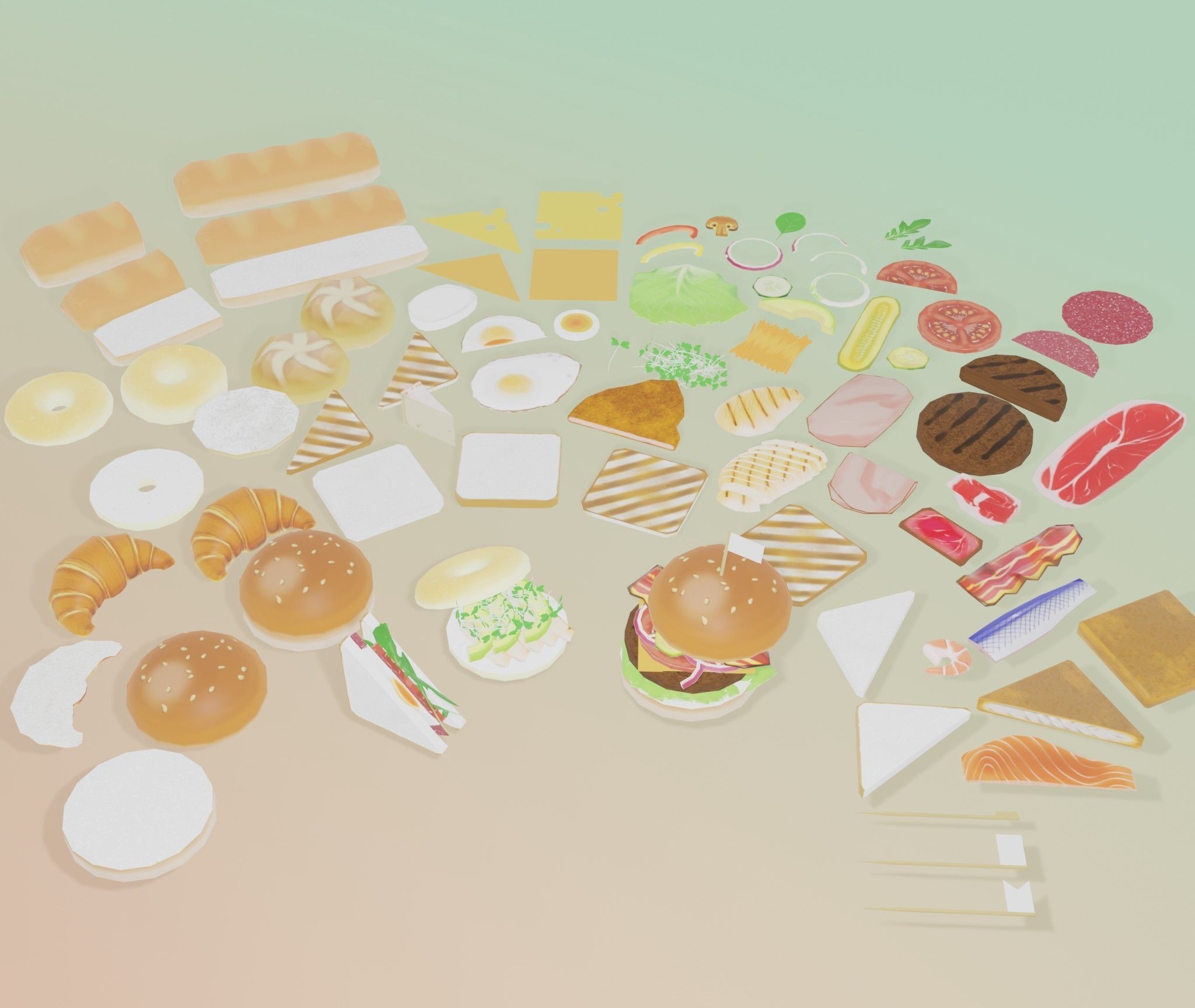 Sandwich create set -Bread and ingredient- Low-poly 3D model_1