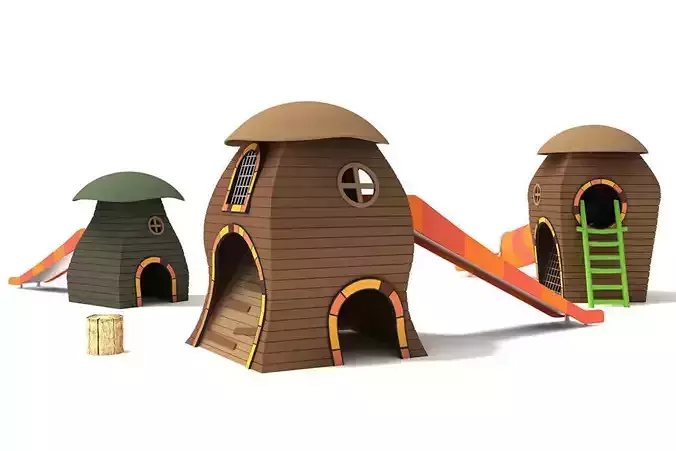Mushroom wood playhouse playground with slide 