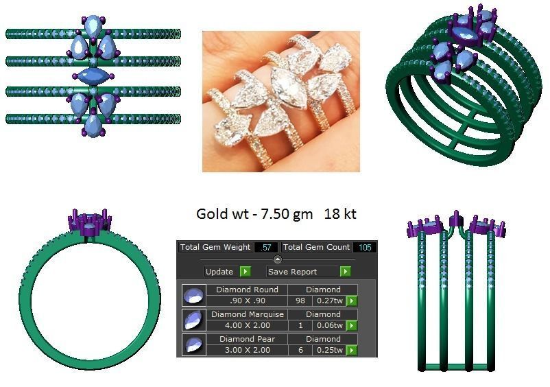 Women Marquise Diamond Four Band Ring 3D print model_3