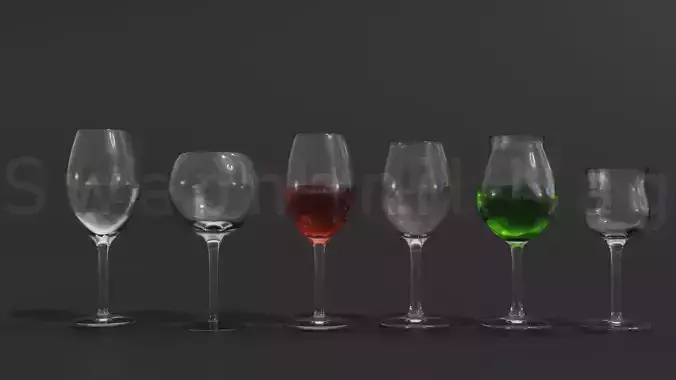 Low Poly Wine Glass Set Model with included Liquids