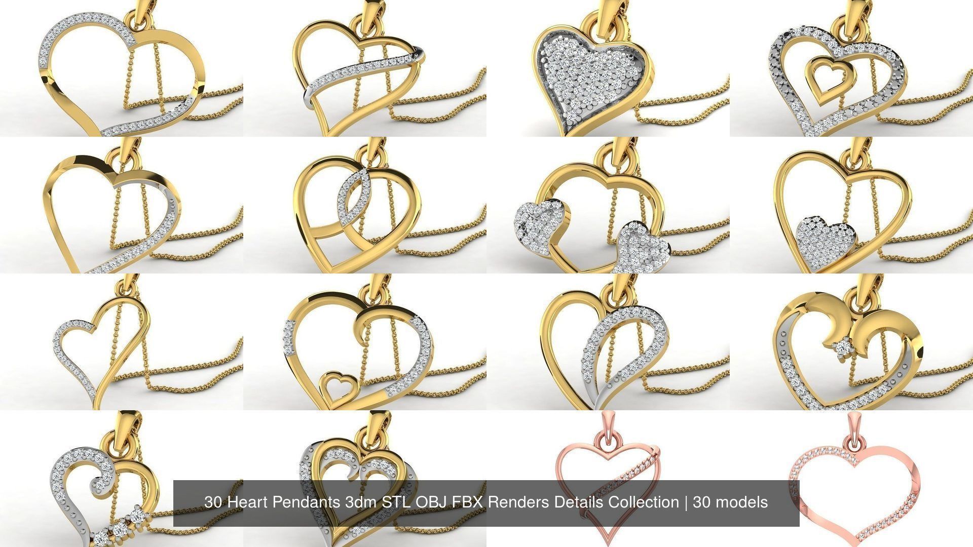 30 Heart Pendants 3dm STL OBJ FBX Renders Details Collection _2