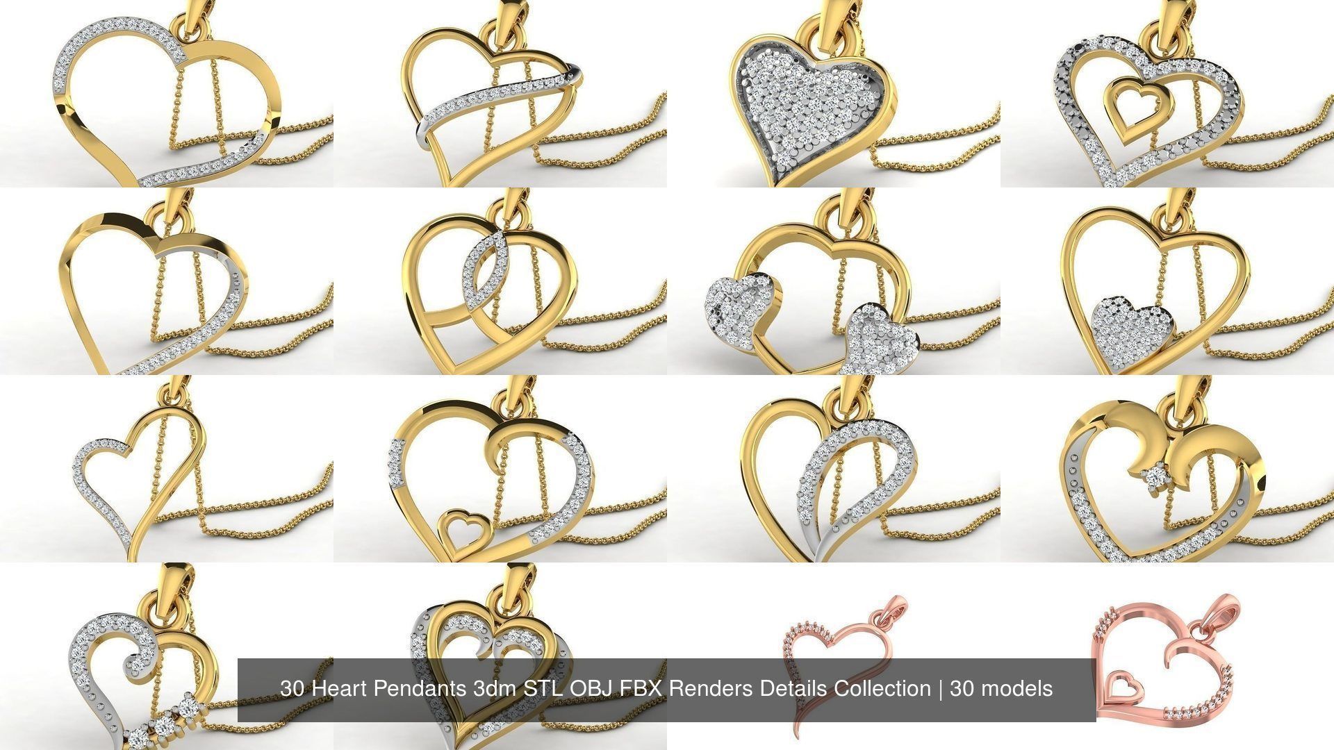 30 Heart Pendants 3dm STL OBJ FBX Renders Details Collection _3