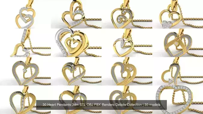 30 Heart Pendants 3dm STL OBJ FBX Renders Details Collection 