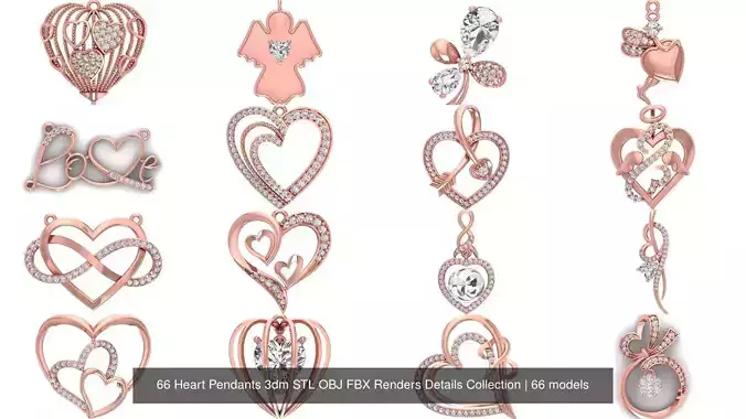 66 Heart Pendants 3dm STL OBJ FBX Renders Details Collection 