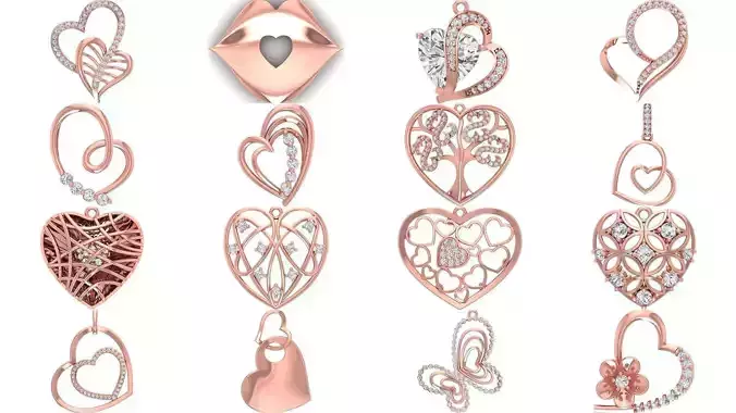 100 Heart Pendants 3dm STL OBJ FBX Renders Details Collection 