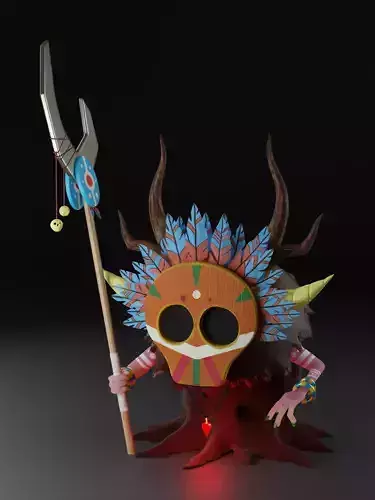 Shaman demon wearing mask and holding spear