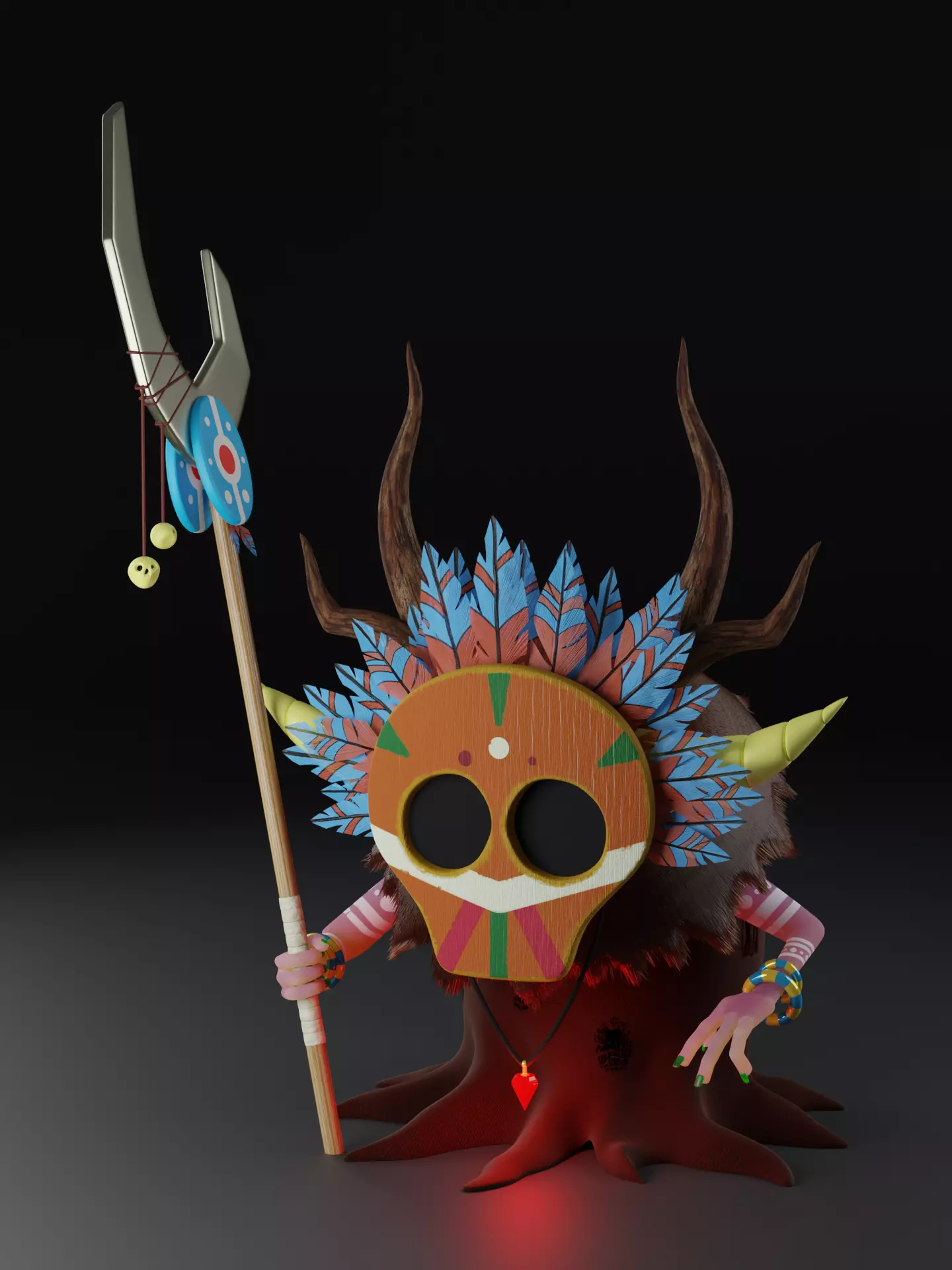 Shaman demon wearing mask and holding spear Free 3D model_0
