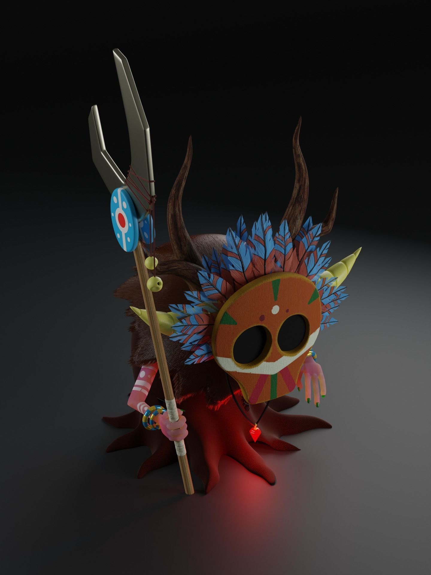 Shaman demon wearing mask and holding spear Free 3D model_1