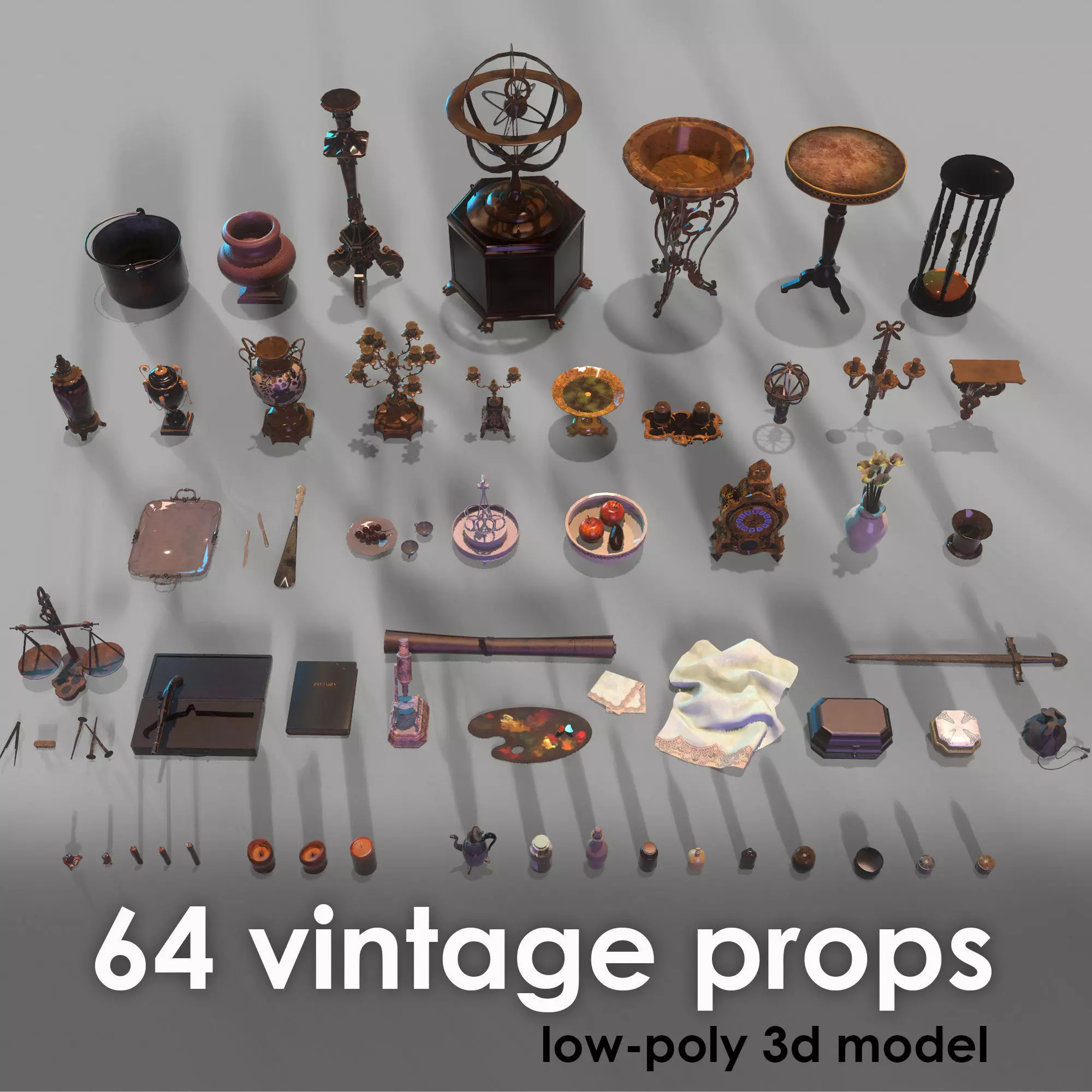 64 vintage props for home Low-poly 3D model_0