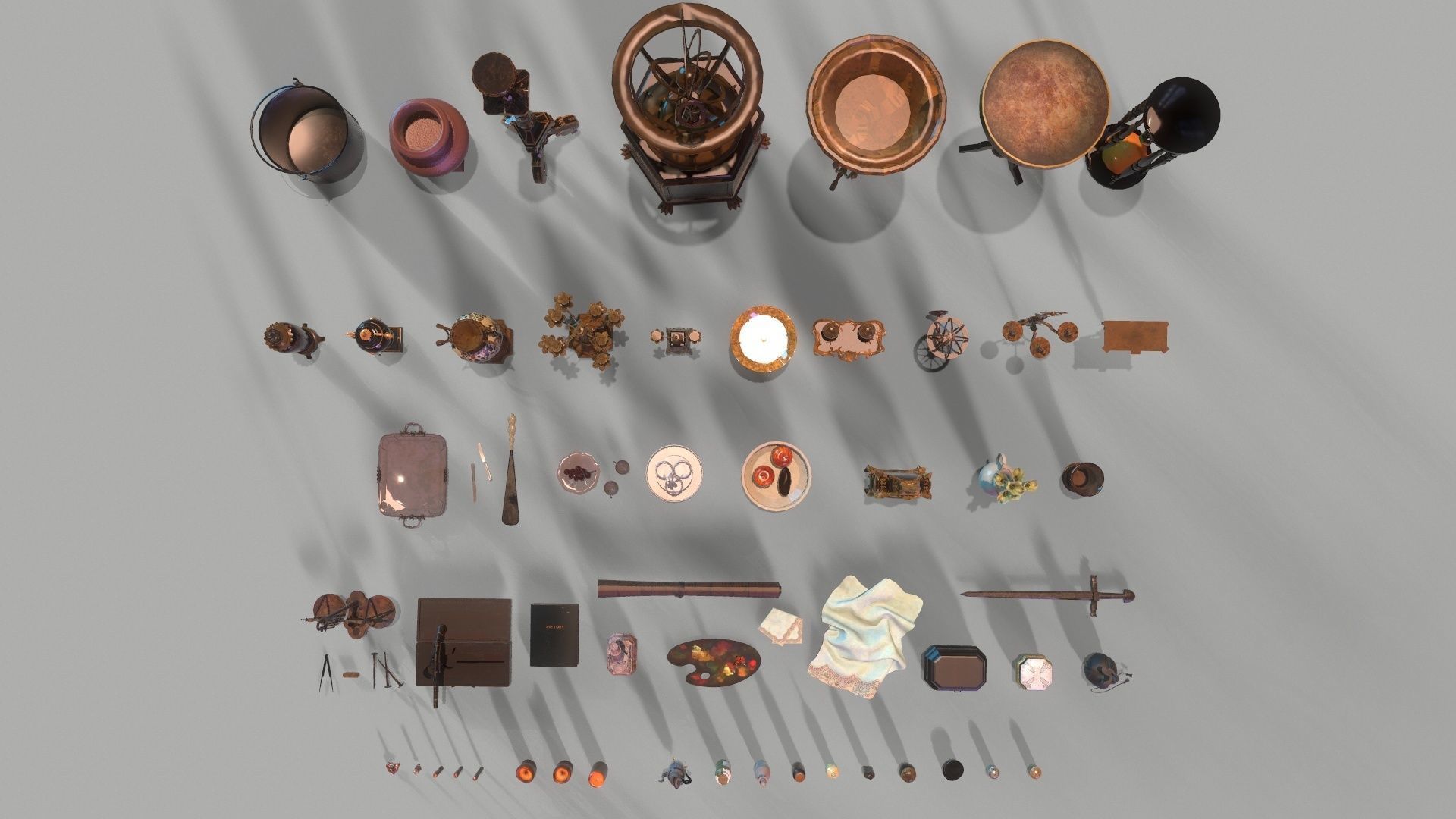 64 vintage props for home Low-poly 3D model_1