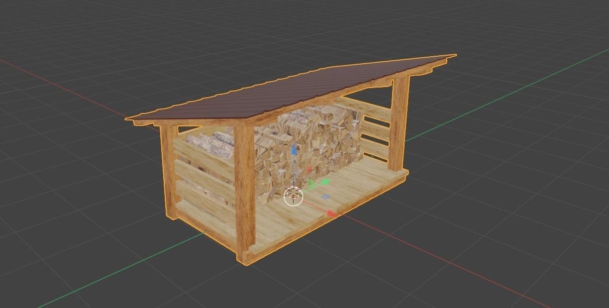 woodshed wooden shed with logs on top Low-poly 3D model_1