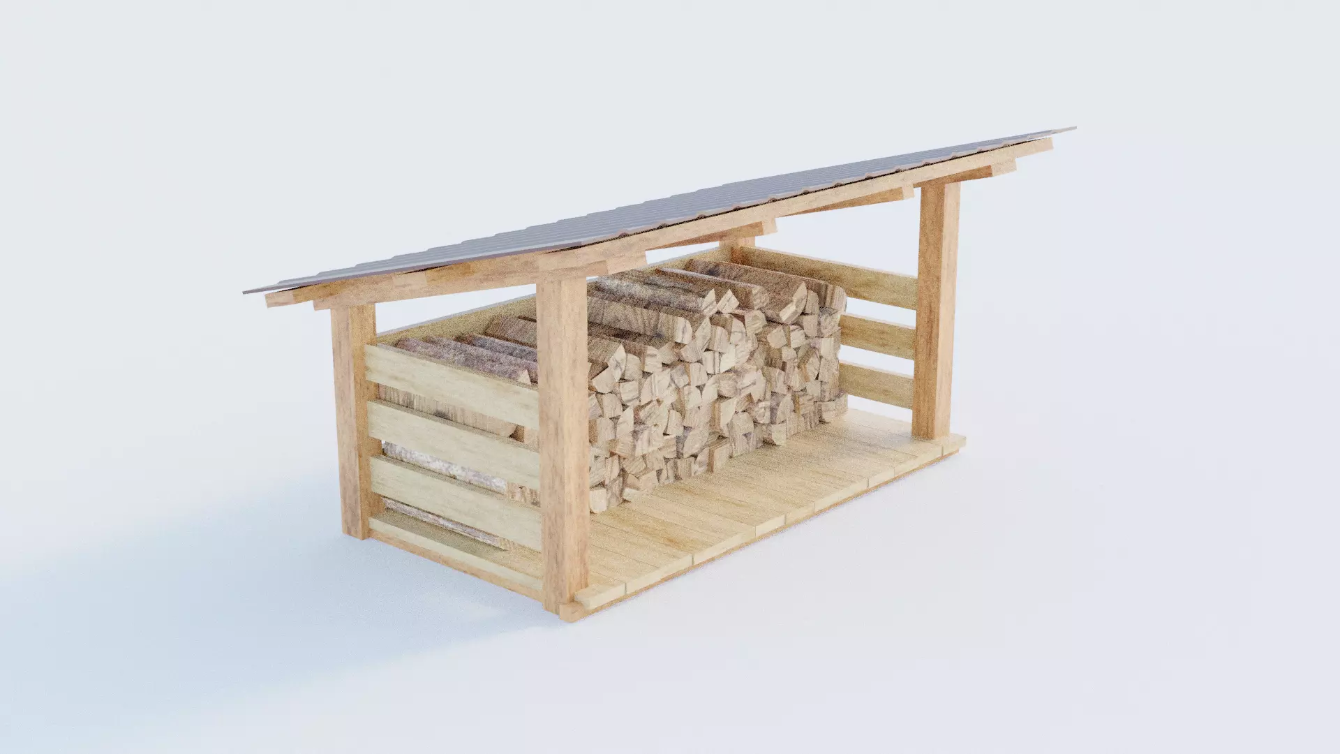 woodshed wooden shed with logs on top Low-poly 3D model_0