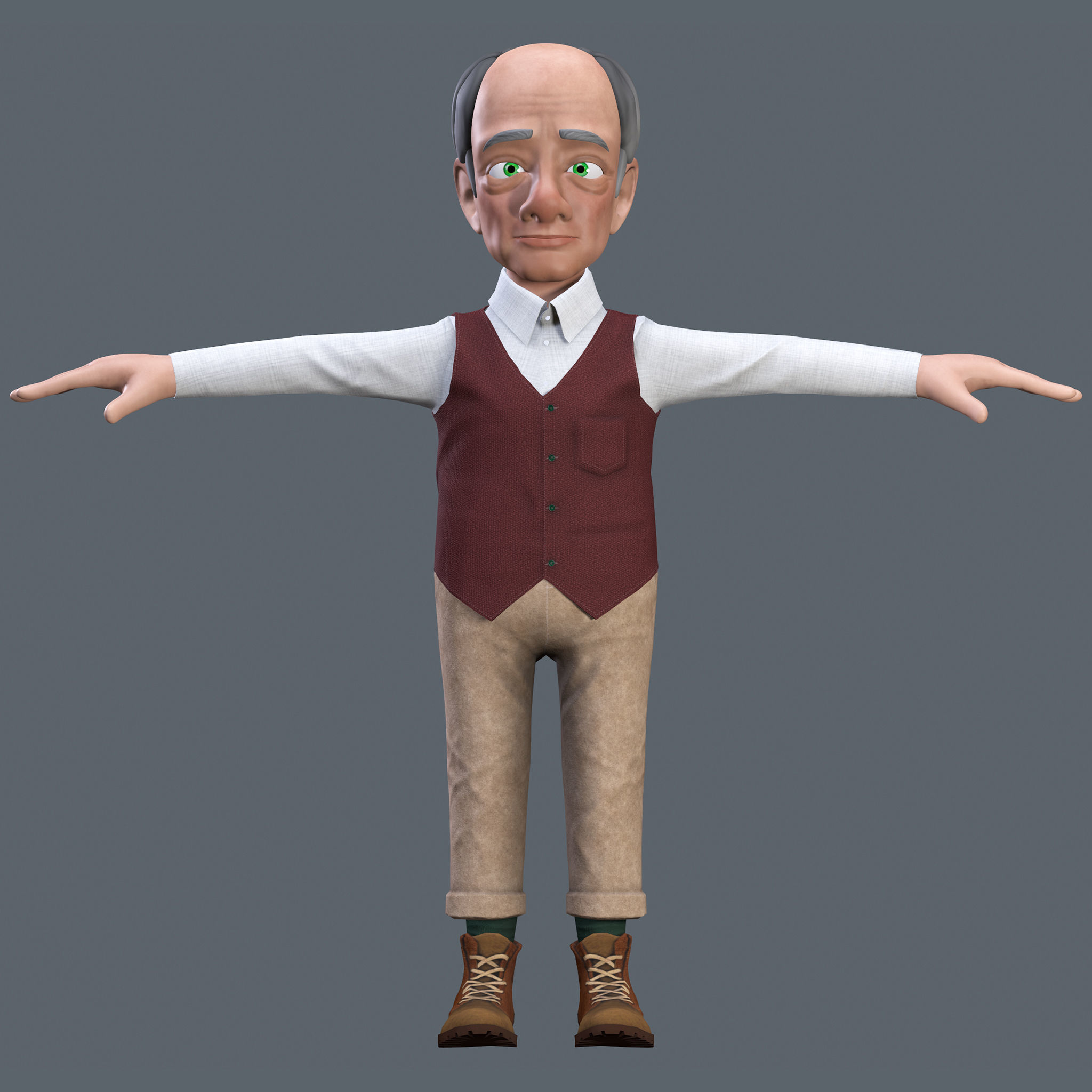Cartoon Old man GrandPa with Rig Low-poly 3D model_15