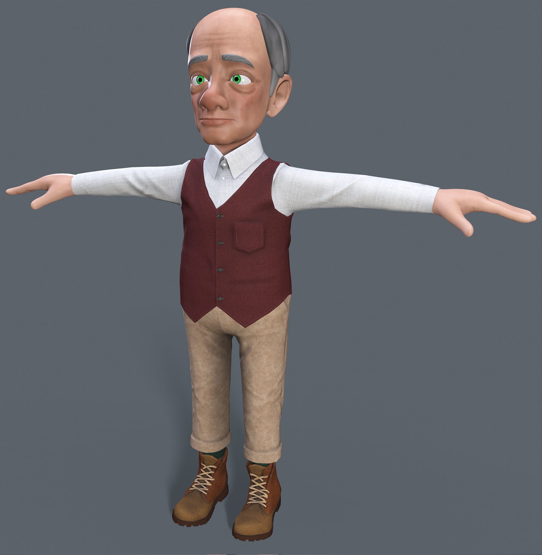 Cartoon Old man GrandPa with Rig Low-poly 3D model_16