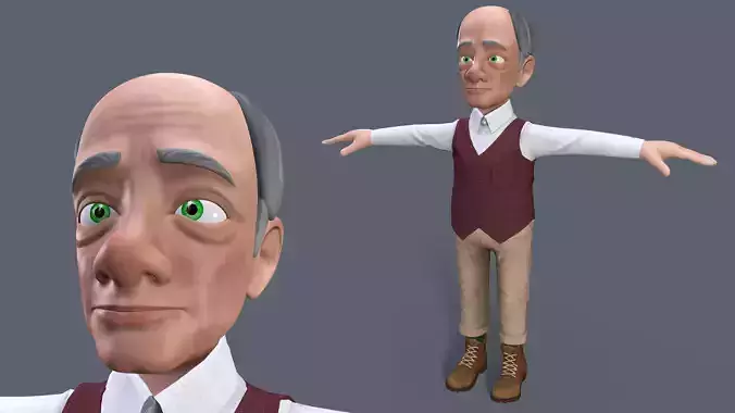 Cartoon Old man GrandPa with Rig Low-poly 3D model