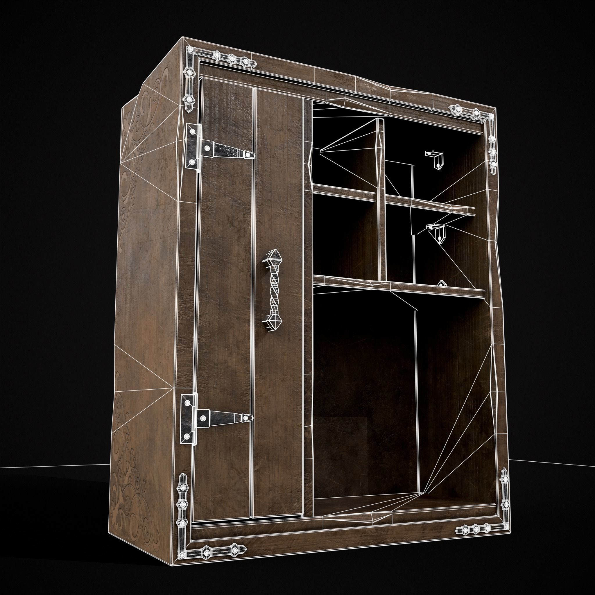 Rustic Ornamental Wooden Cabinet Low-poly 3D model_4