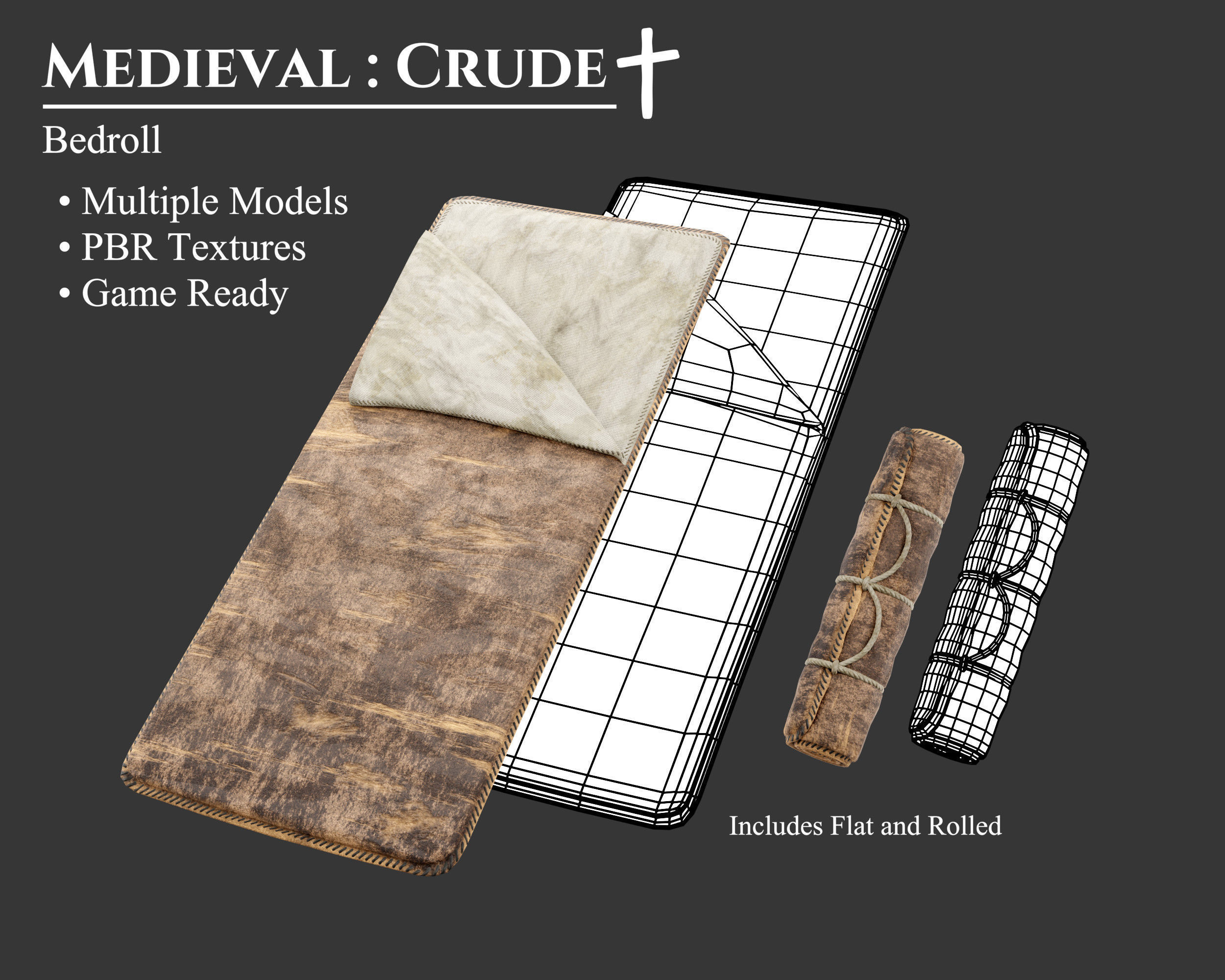 Medieval Crude Accessory Bedroll Low-poly 3D model_1