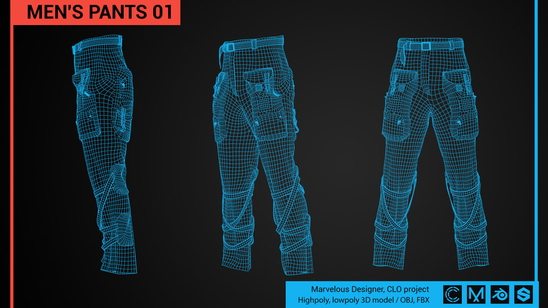 3D model Men pants Marvelous Designer CLO project VR / AR / low-poly ...