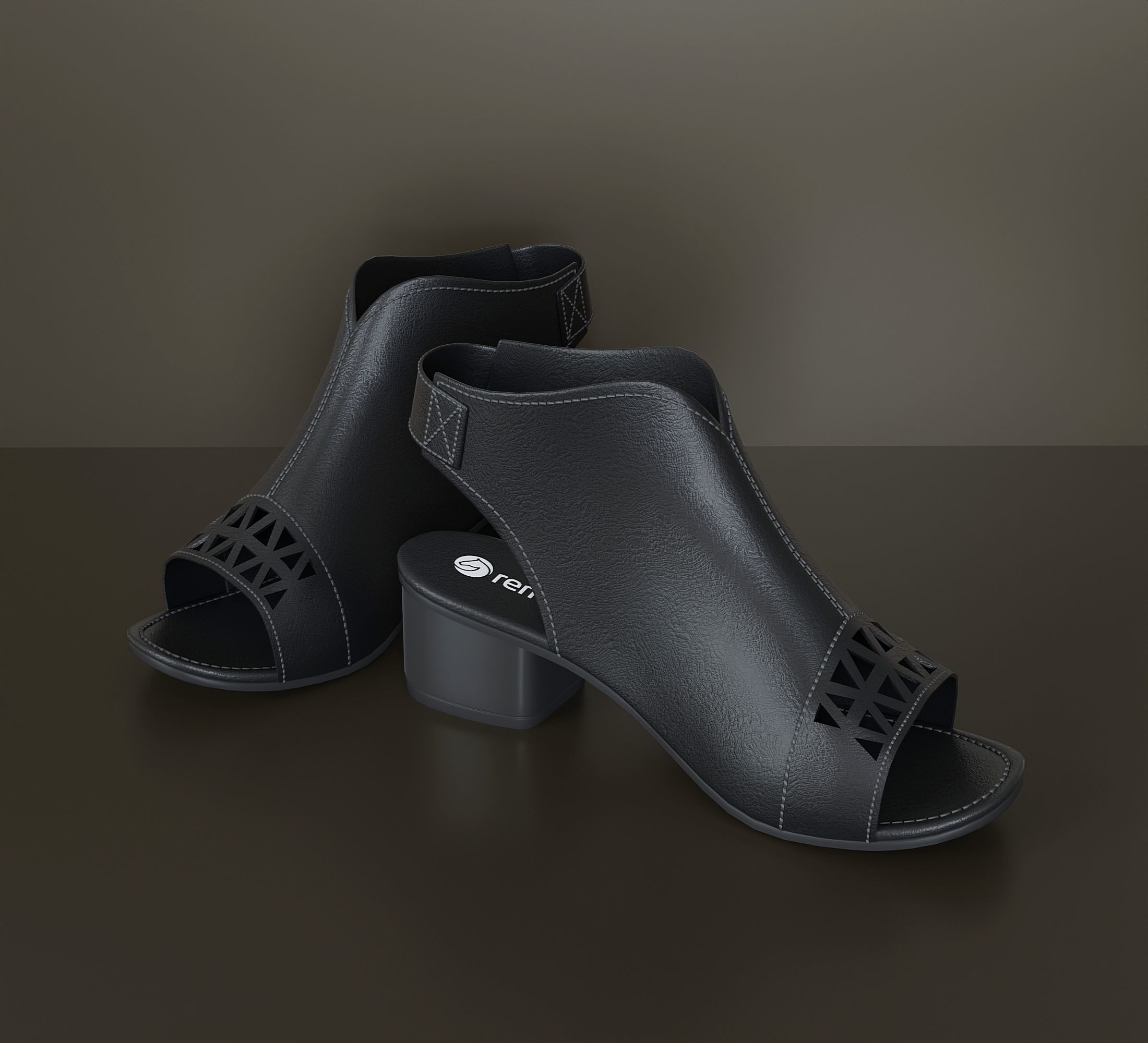 Womens black leather sandals 3D model_4