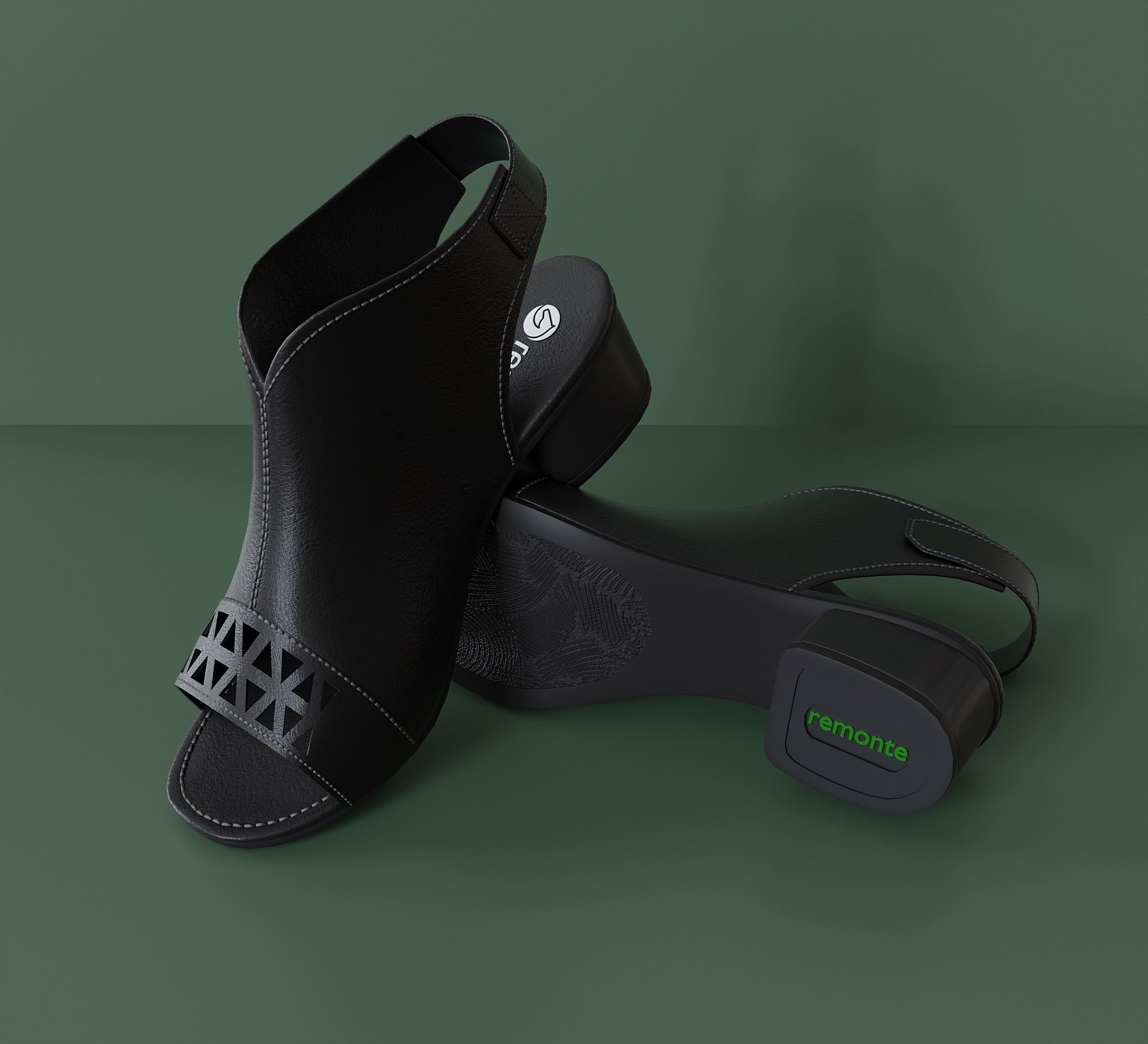 Womens black leather sandals 3D model_1