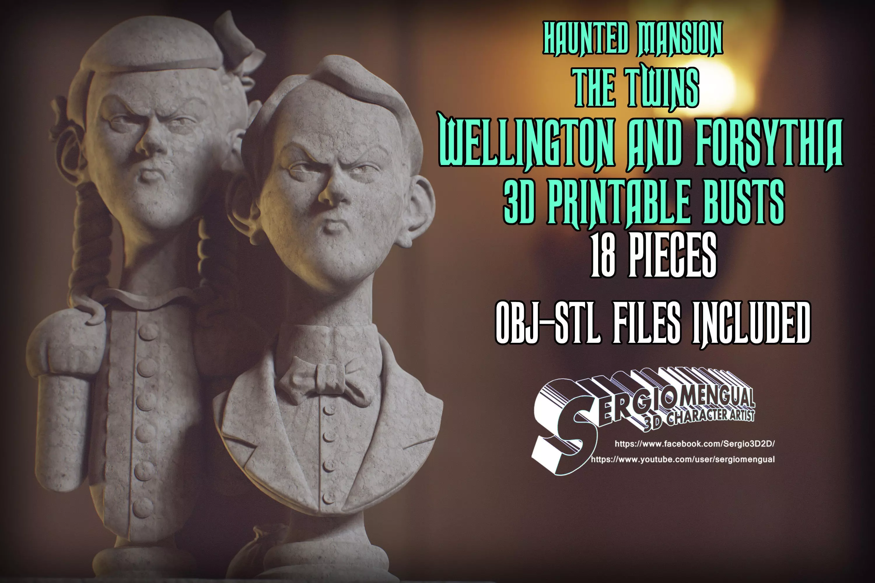 Haunted Mansion The Twins 3D Printable Busts 3D print model_0