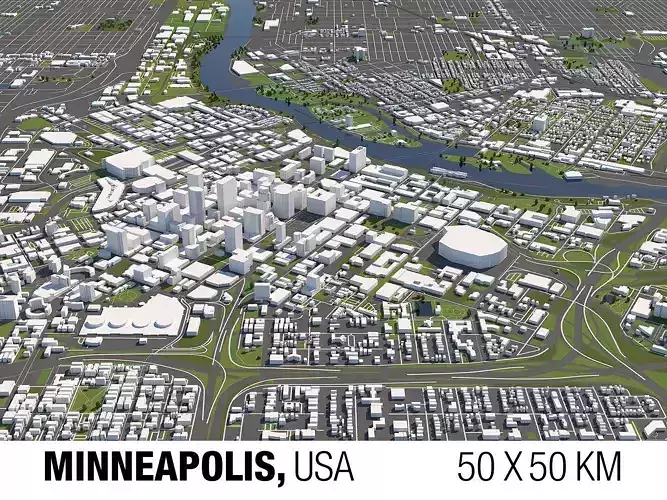 Minneapolis 50x50km City Map Model 3D model